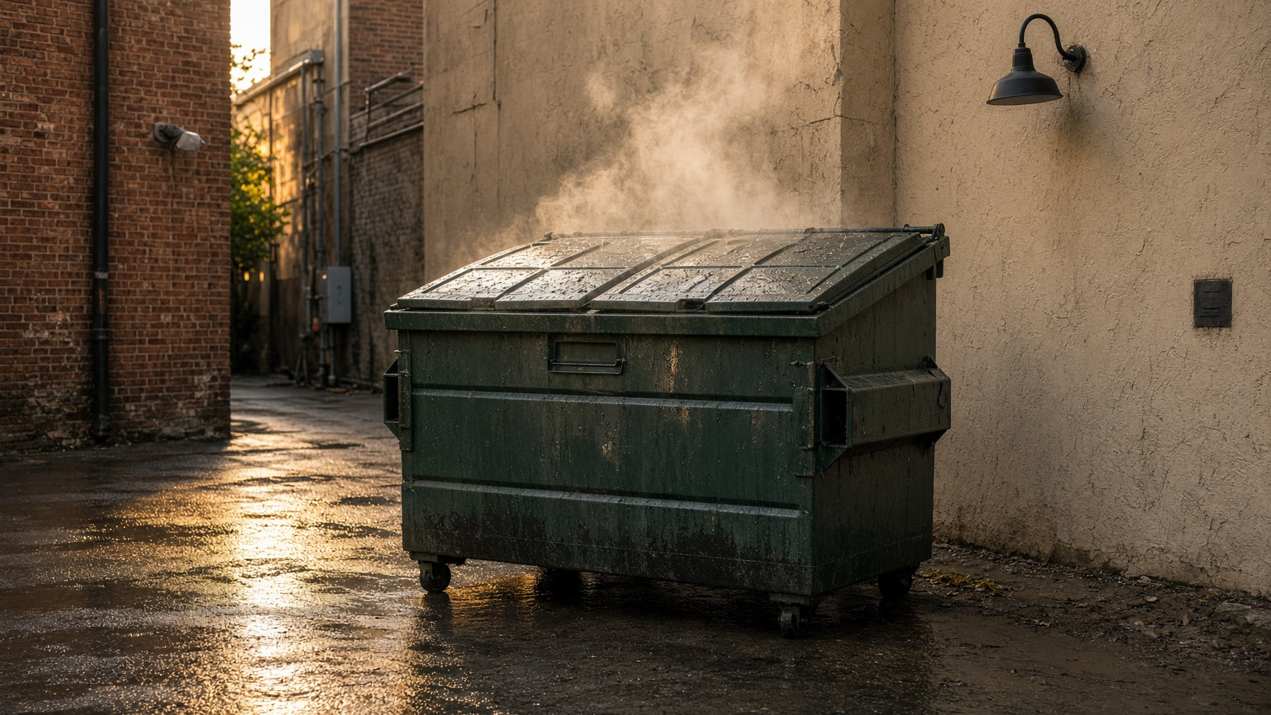 Freshly washed commercial dumpster