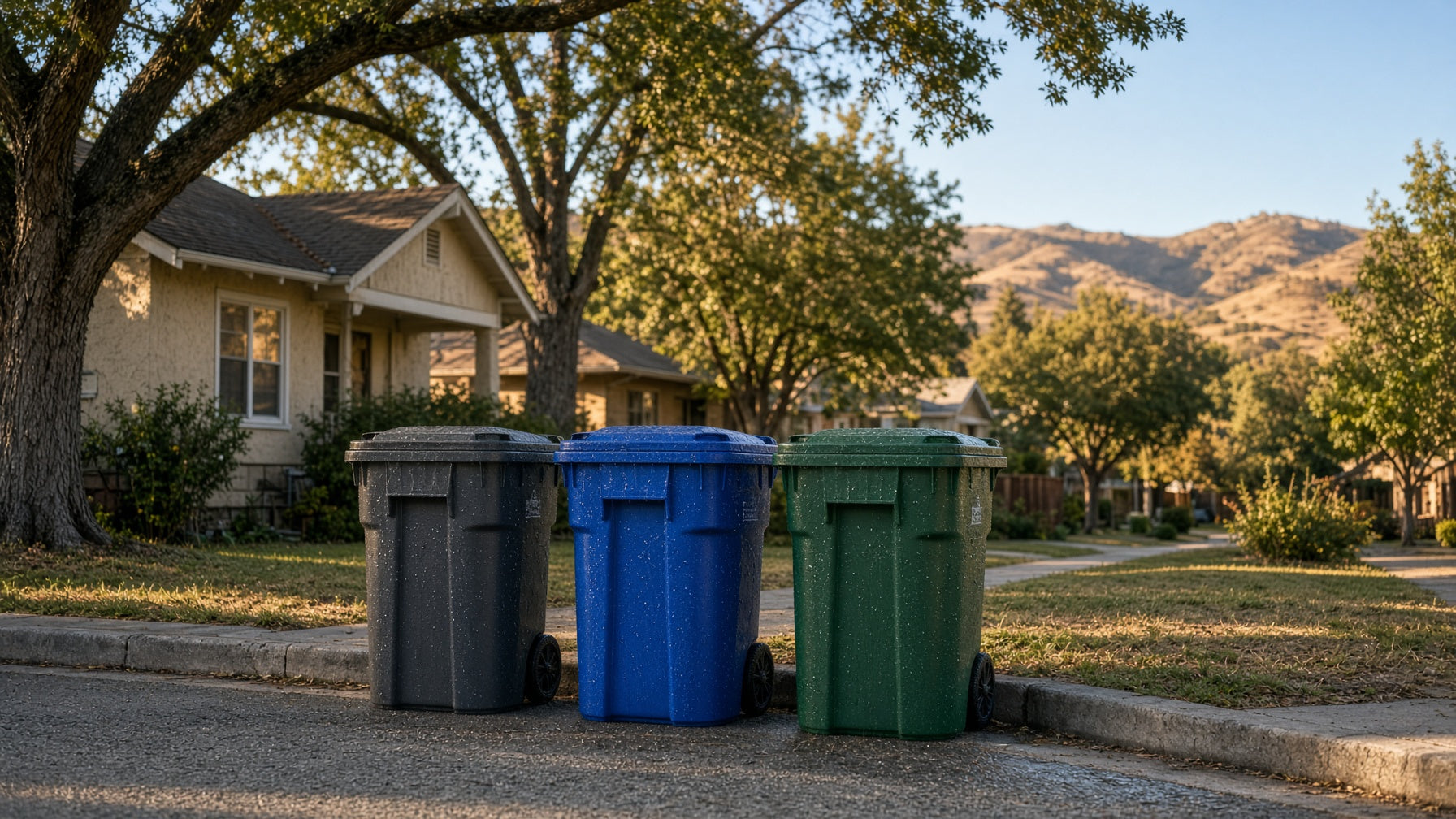 Freshly washed gray, blue, and green Recology carts at a Northern California curb