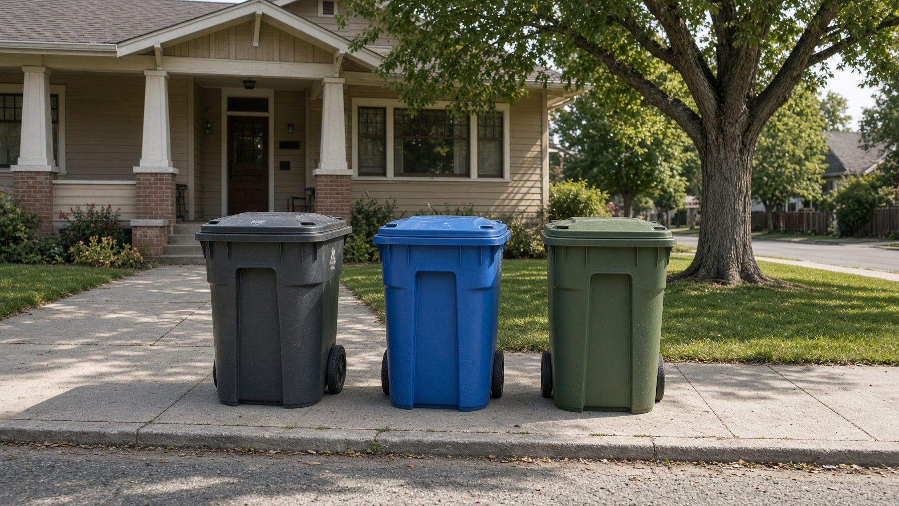 Three clean Recology carts — gray, blue, and green — in front of a house