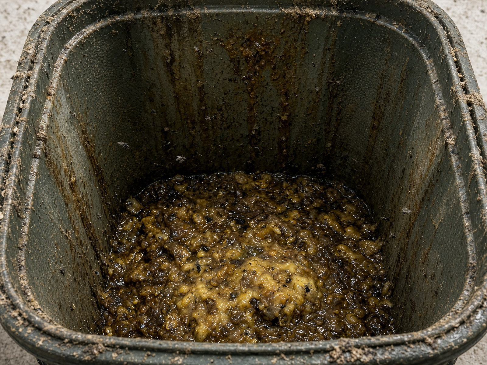 Dirty trash cart interior before cleaning