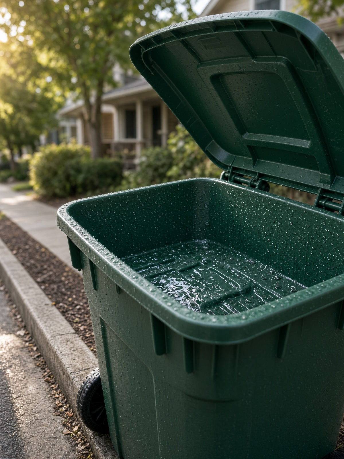 Clean forest-green organics cart with the lid open
